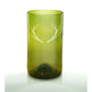 A green colored upcycled glass with an engraved antlers design on it, handmade in Texas.