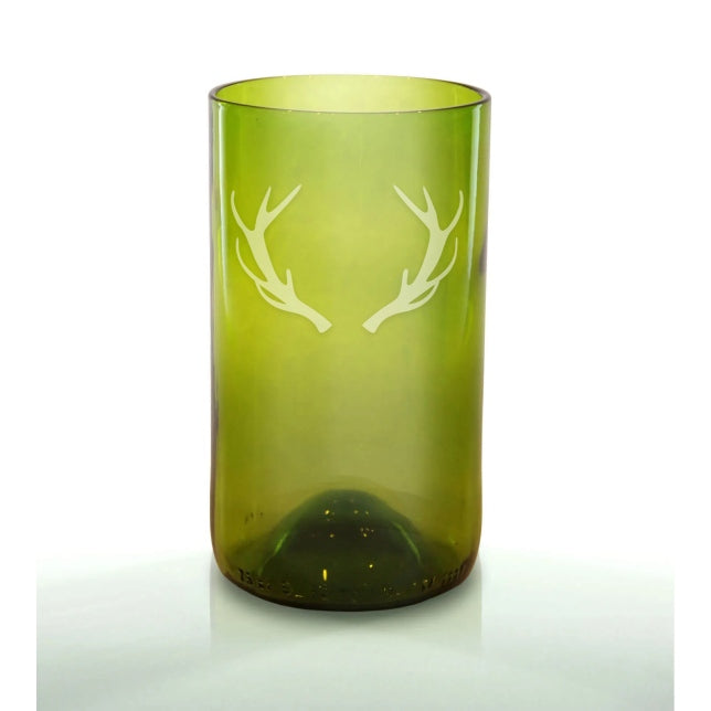A green colored upcycled glass with an engraved antlers design on it, handmade in Texas.