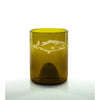 A brown amber-colored upcycled glass with a white engraved design of a fish.